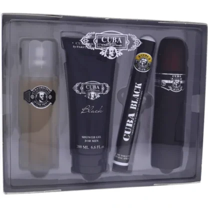 Cuba Black by Cuba for Men - 4 Pc Gift Set 3.3oz EDT Spray, 1.7oz EDT Spray, 3.3oz After Shave, 6.7oz Shower Gel - Fresh Bloom Skin - Premium Skincare Solutions for Nourished, Hydrated, and Radiant Skin Every Day