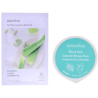Innisfree Innisfree Mask - Bija and Aloe Kit by Innisfree for Unisex - 2 Pc Kit 0.67oz My Real Squeeze Mask - Aloe, 0.33oz Capsule Recipe Pack Mask - Bija and Aloe - Fresh Bloom Skin - Premium Skincare Solutions for Nourished, Hydrated, and Radiant Skin Every Day