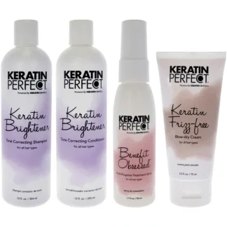 Keratin Brightener Kit by Keratin Perfect for Unisex - 4 Pc Kit 12oz Shampoo, 12oz Conditioner, 1.7oz Benefit Obsessed Treatment, 2.5oz Frizz-Free Bow Dry Cream - Fresh Bloom Skin - Premium Skincare Solutions for Nourished, Hydrated, and Radiant Skin Every Day