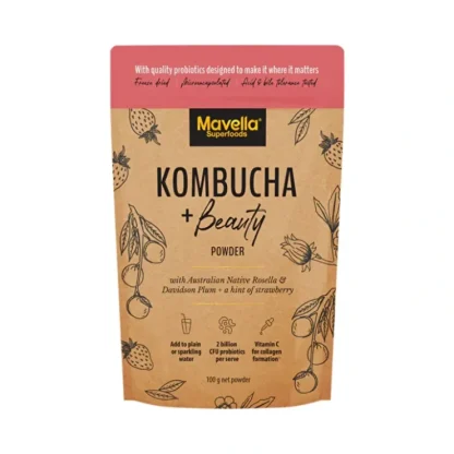 Mavella Superfoods Kombucha + Beauty Powder with Australian Native Rosella & Davidson Plum & Strawberry 100g - Fresh Bloom Skin - Premium Skincare Solutions for Nourished, Hydrated, and Radiant Skin Every Day