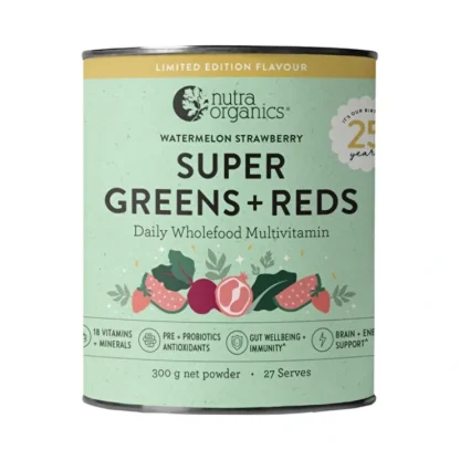 Nutra Organics Organic Super Greens + Reds (Wholefood Multivitamin) Watermelon Strawberry 300g - Fresh Bloom Skin - Premium Skincare Solutions for Nourished, Hydrated, and Radiant Skin Every Day
