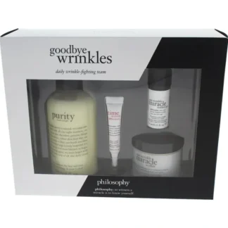 Philosophy Goodbye Wrinkles Set by Philosophy for Unisex - 4 Pc Set 8oz Purity Made Simple, 2oz Anti-wrinkle Miracle Worker, 0.25oz Anti-wrinkle Miracle Worker Eye, 1oz Time In A Bottle 100% In-control - Fresh Bloom Skin - Premium Skincare Solutions for Nourished, Hydrated, and Radiant Skin Every Day