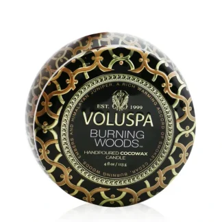 Voluspa Mini Tin Candle - Burning Woods 113g/4oz - Fresh Bloom Skin - Premium Skincare Solutions for Nourished, Hydrated, and Radiant Skin Every Day